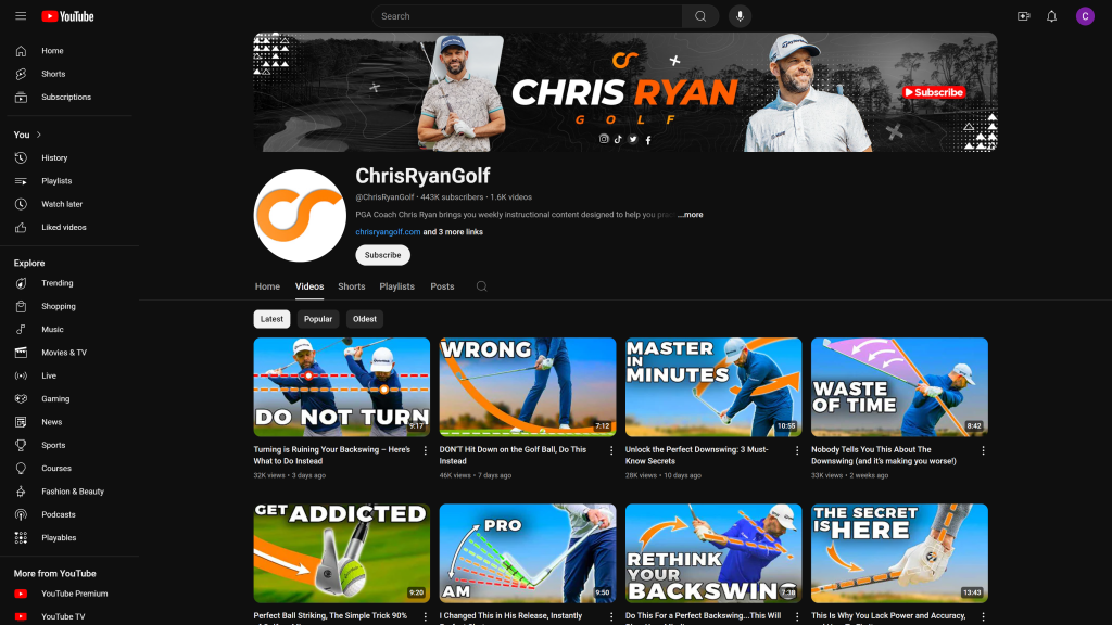 screenshot of the ChrisRyanGolf homepage