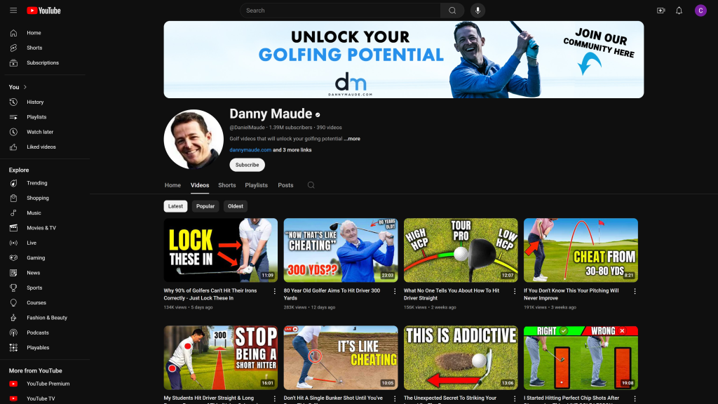 screenshot of Danny Maude best golf youtube channels homepage