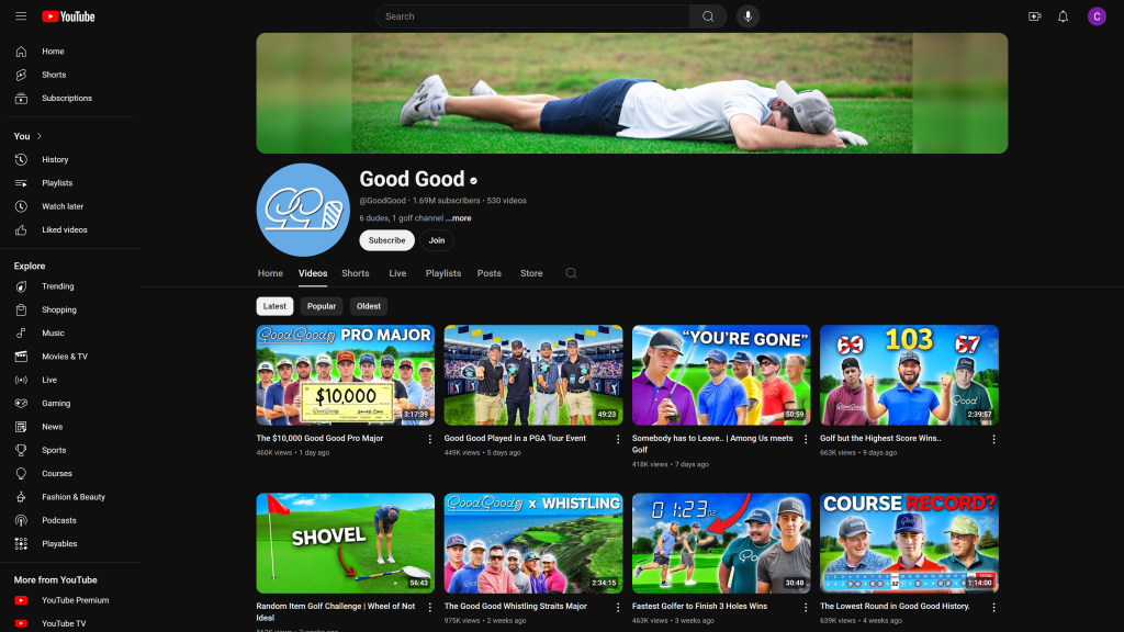 screenshot of the Good Good best golf youtube channels homepage