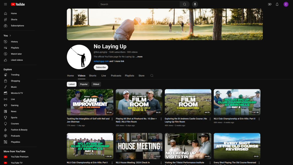 screenshot of the no laying up best golf youtube channels homepage