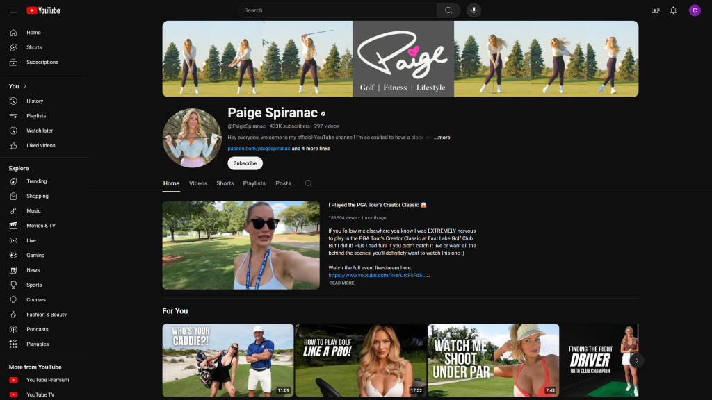 screenshot of the Paige Spiranac best golf youtube channels homepage