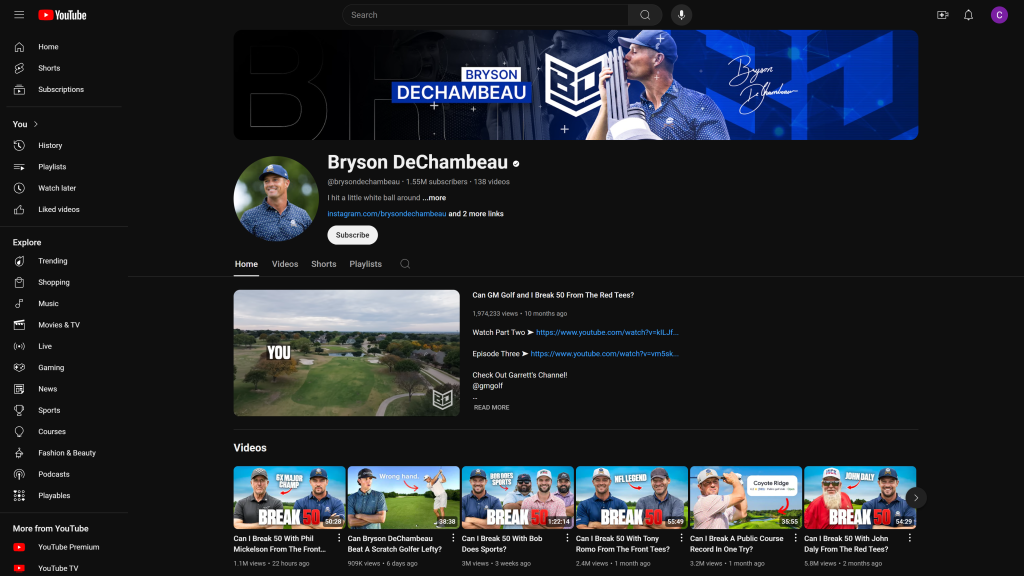 screenshot of Bryson Dechambeau best golf youtube channels homepage