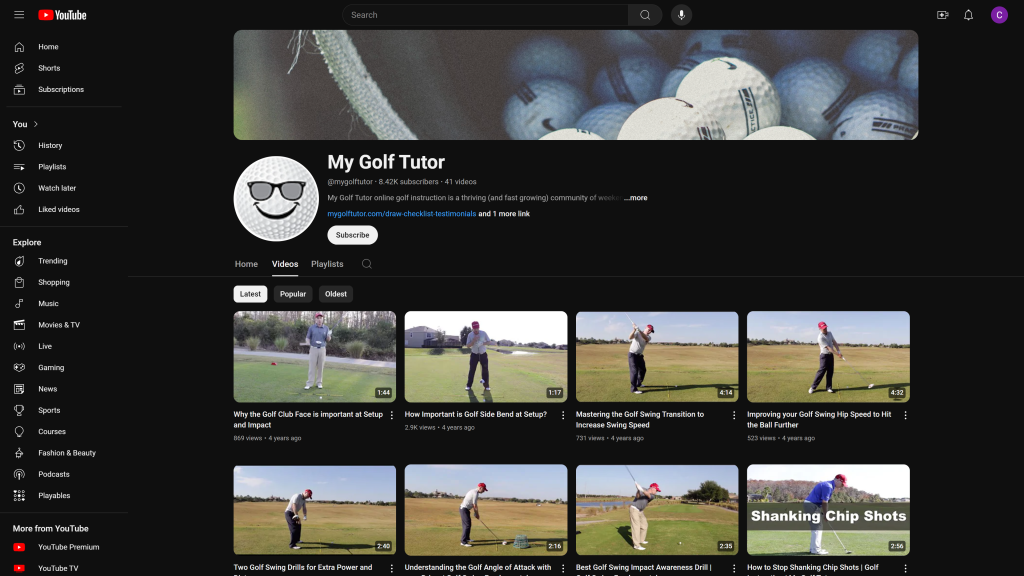 screenshot of the My Golf Tutor homepage