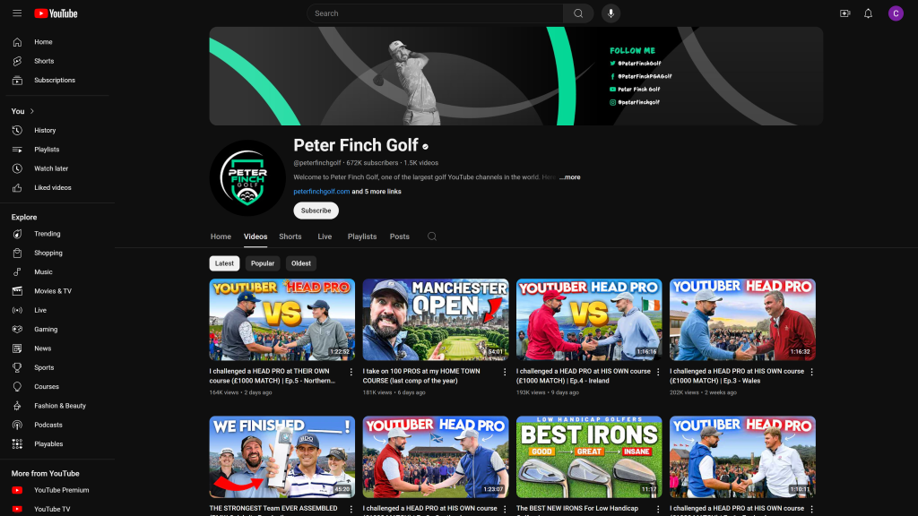 screenshot of the Peter Finch Golf homepage