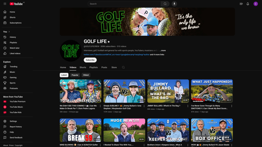 screenshot of the Golf life homepage