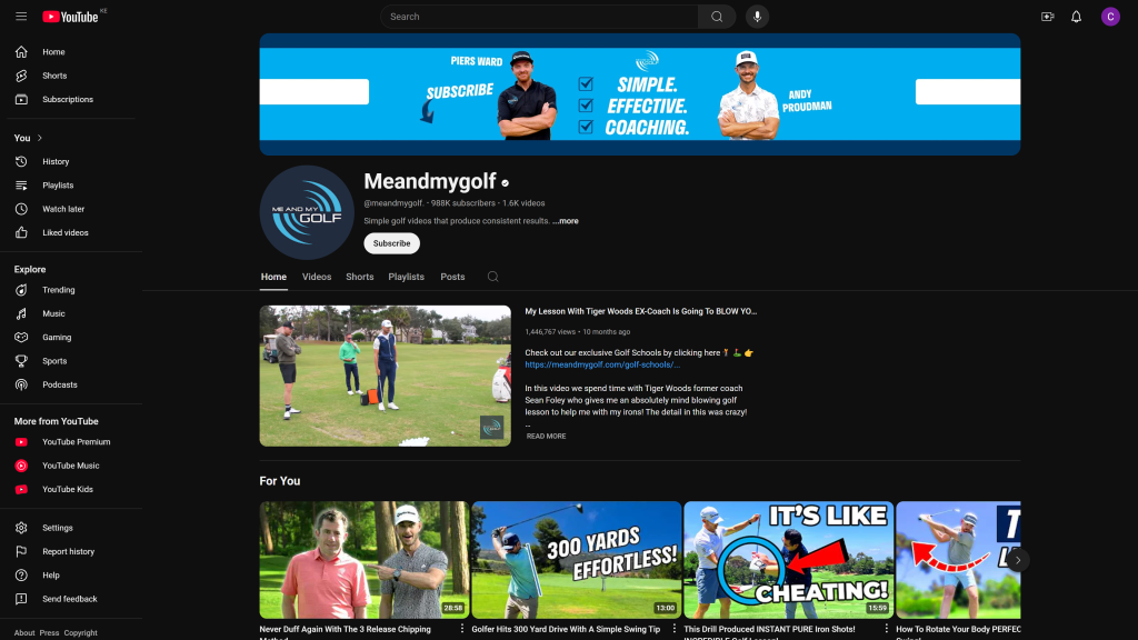 screenshot of the Me and My golf best golf youtube channels for beginners homepage