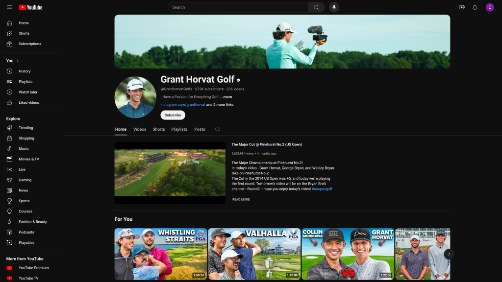 screenshot of the Grant Horvat Golf best golf youtube channels homepage