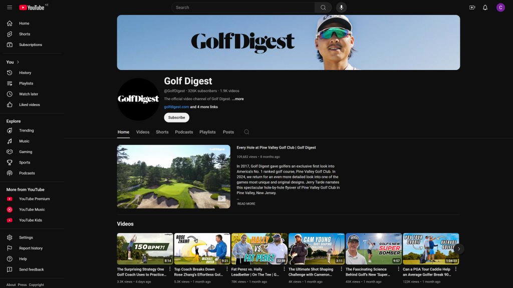 screenshot of the Golf digest best golf youtube channels for beginners homepage