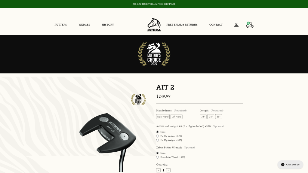 screenshot of the Zebra AIT 2 best golf putters homepage