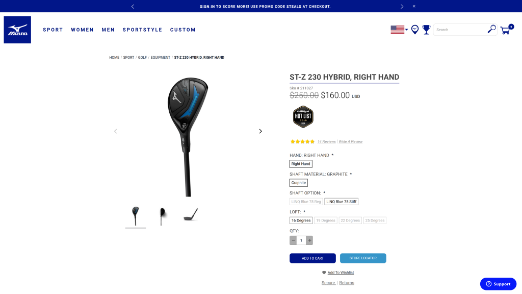 screenshot of the Mizuno ST-Z 230 Hybrid best golf hybrids homepage