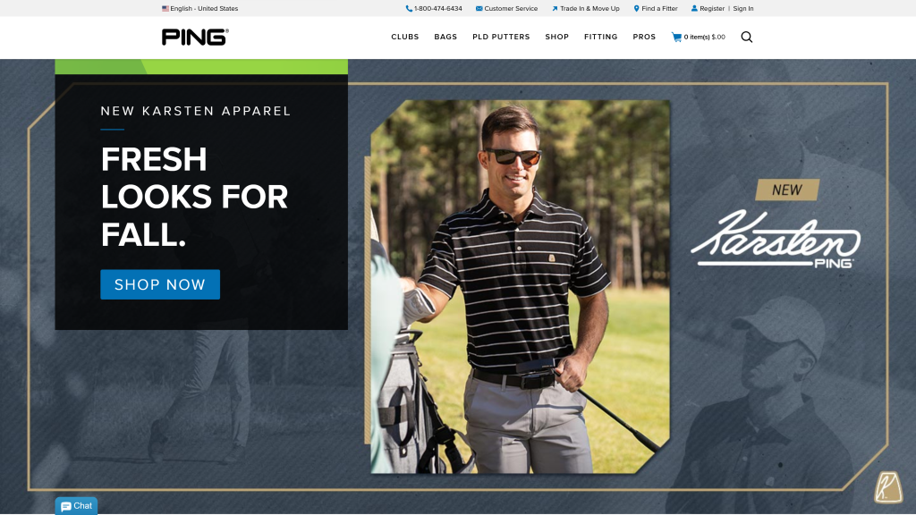 screenshot of the PING top golf brands homepage