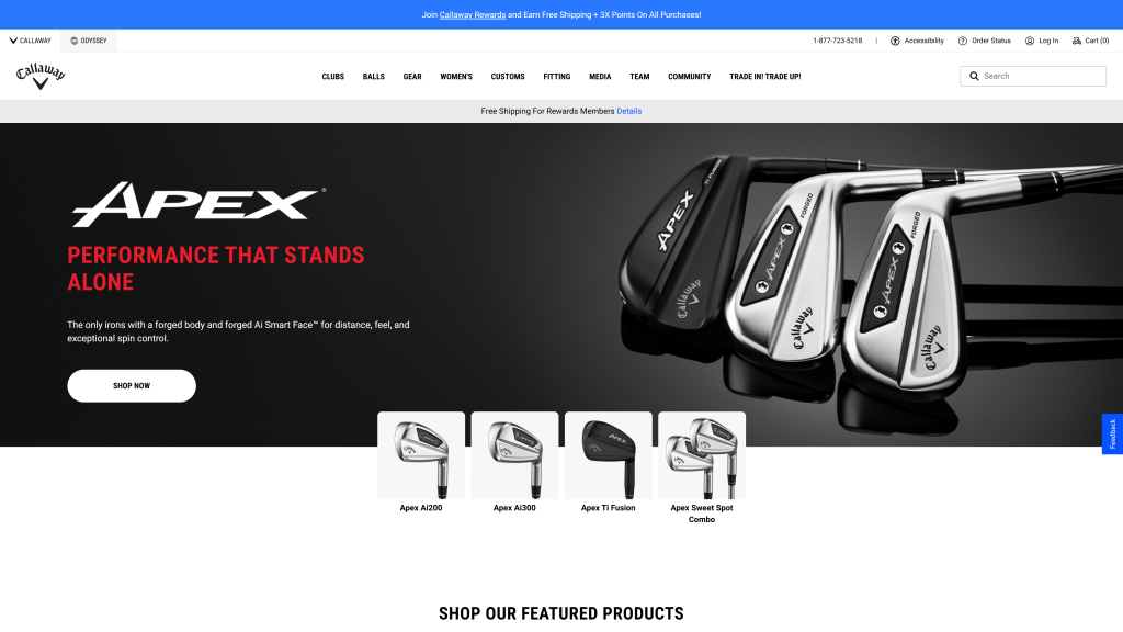 screenshot of the Callaway top golf brands homepage