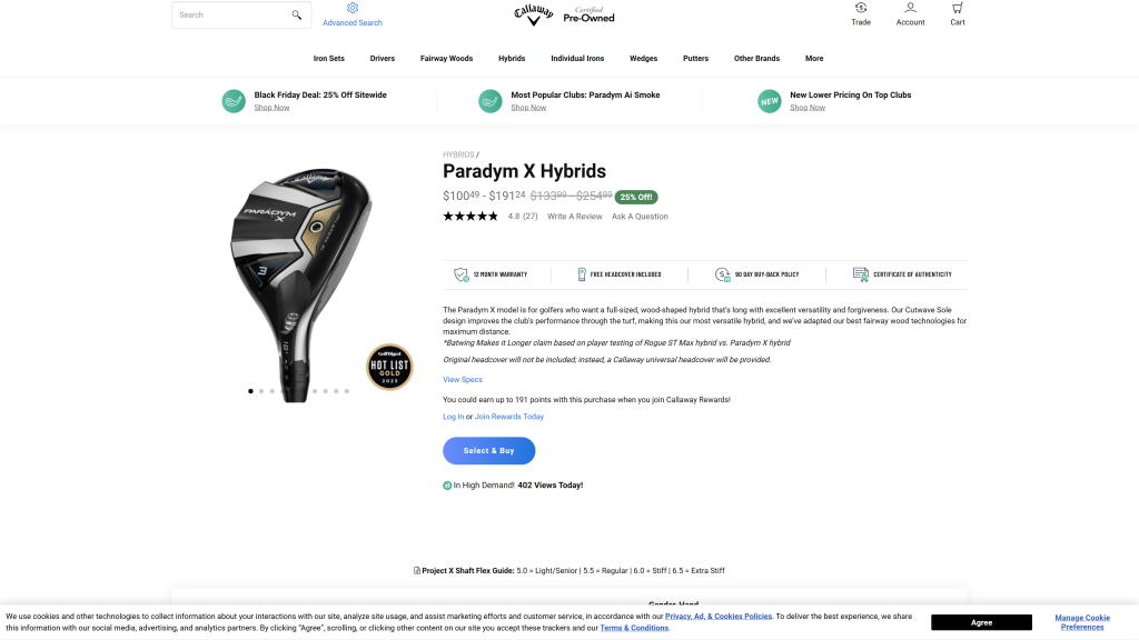 screenshot of the Callaway Paradym X Hybrid best golf hybrids homepage