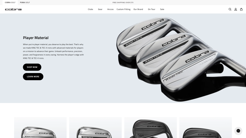 screenshot of the Cobra top golf brands homepage