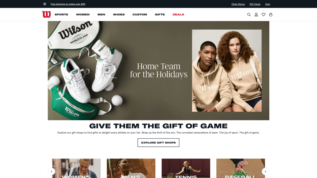 screenshot of the the Wilson top golf brands homepage