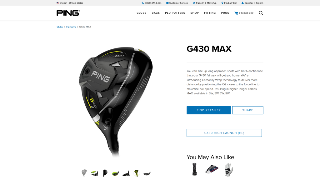 screenshot of the Ping G430 Max best fairway woods for high handicappers homepage