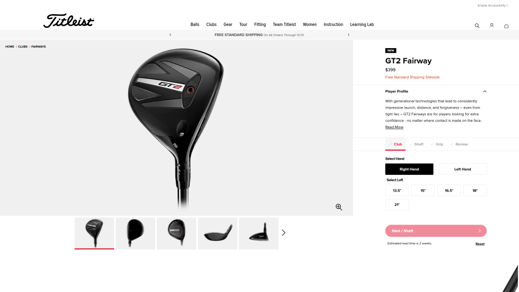 screenshot of the Titleist GT2 Fairway Wood homepage