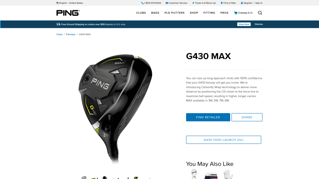 screenshot image of Ping G430 Max Fairway Wood homepage