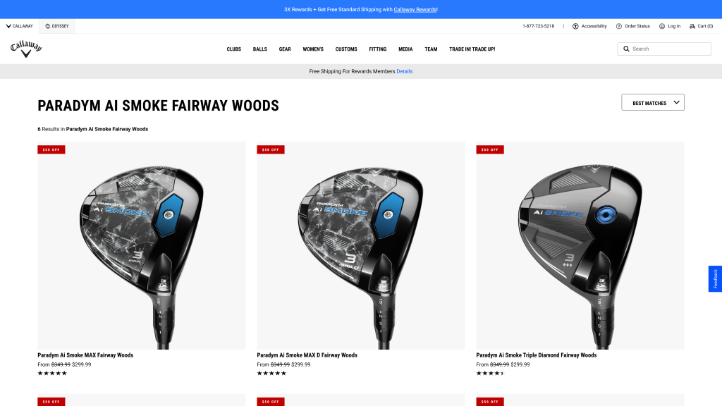 screenshot image of Callaway Paradym Ai Smoke Fairway Wood homepage