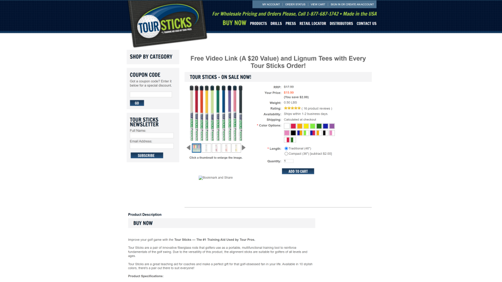 screenshot image of Tour Sticks Golf Alignment Stick homepage