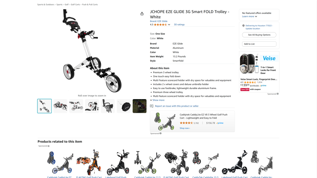screenshot image of EzeGlide Smart Fold best golf push cart homepage