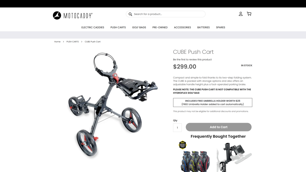 screenshot image of MotoCaddy Cube Push Cart homepage