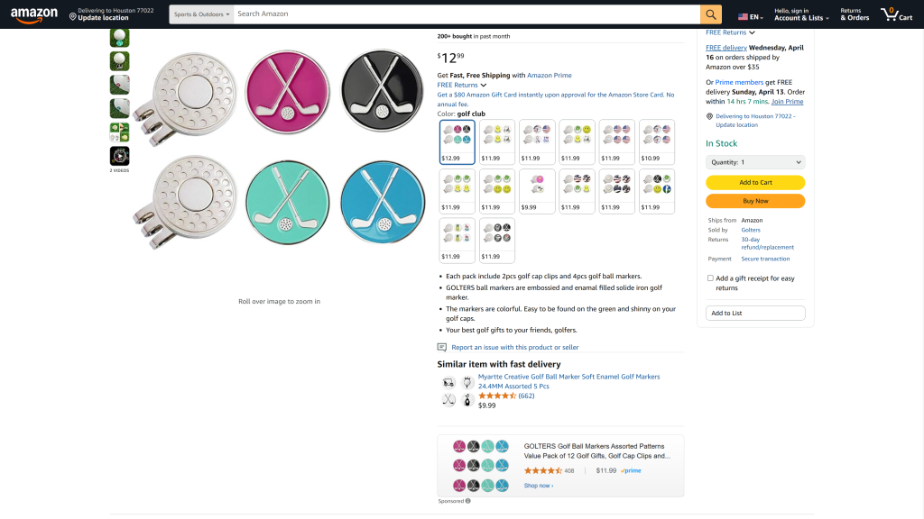screenshot image of GOLTERS Golf Ball Markers with Hat Clips homepage