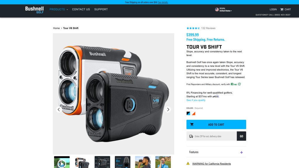 screenshot image of Bushnell Tour V6 Shift homepage