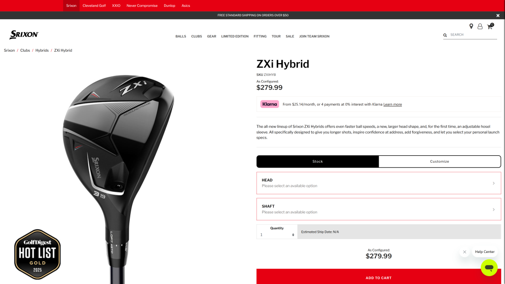 screenshot image of Srixon ZXi Hybrid homepage