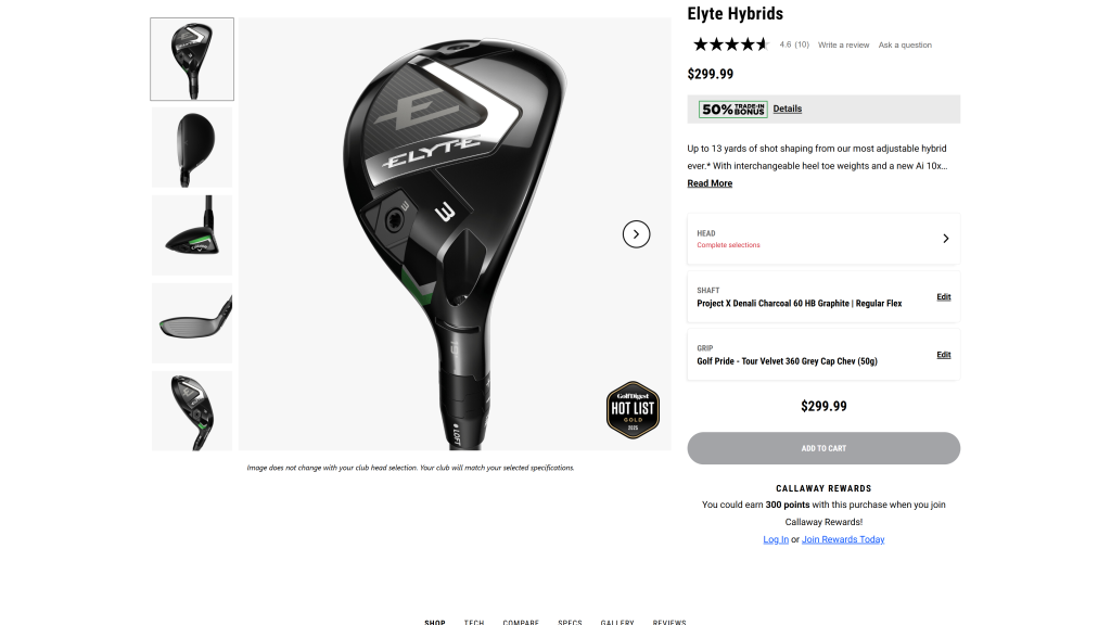 screenshot image of Callaway Elyte Hybrid homepage