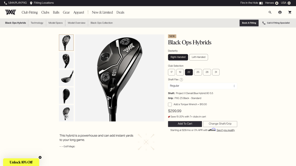 screenshot image of PXG Black Ops Hybrid homepage