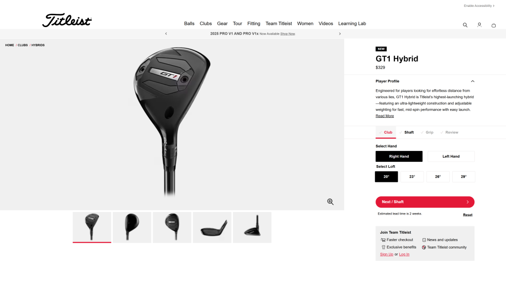 screenshot image of Titleist GT1 Hybrid homepage
