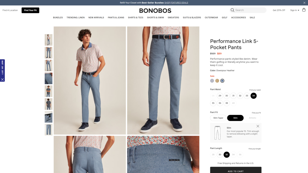 screenshot image of Bonobos Performance Link top rated golf pants homepage