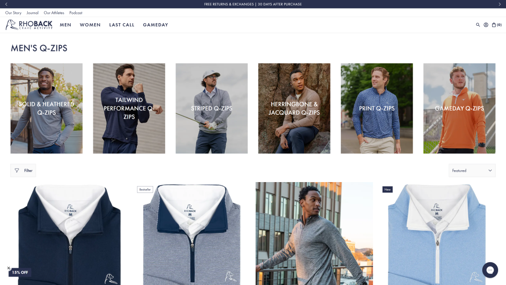 screenshot image of Rhoback Men Q-Zips homepage