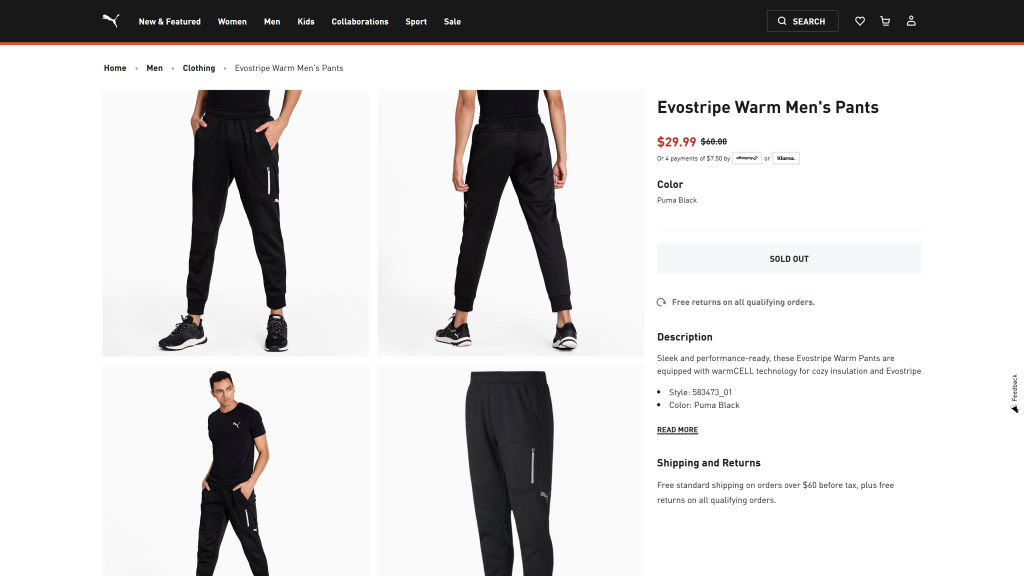 screenshot image of Puma Warm top rated golf pants homepage