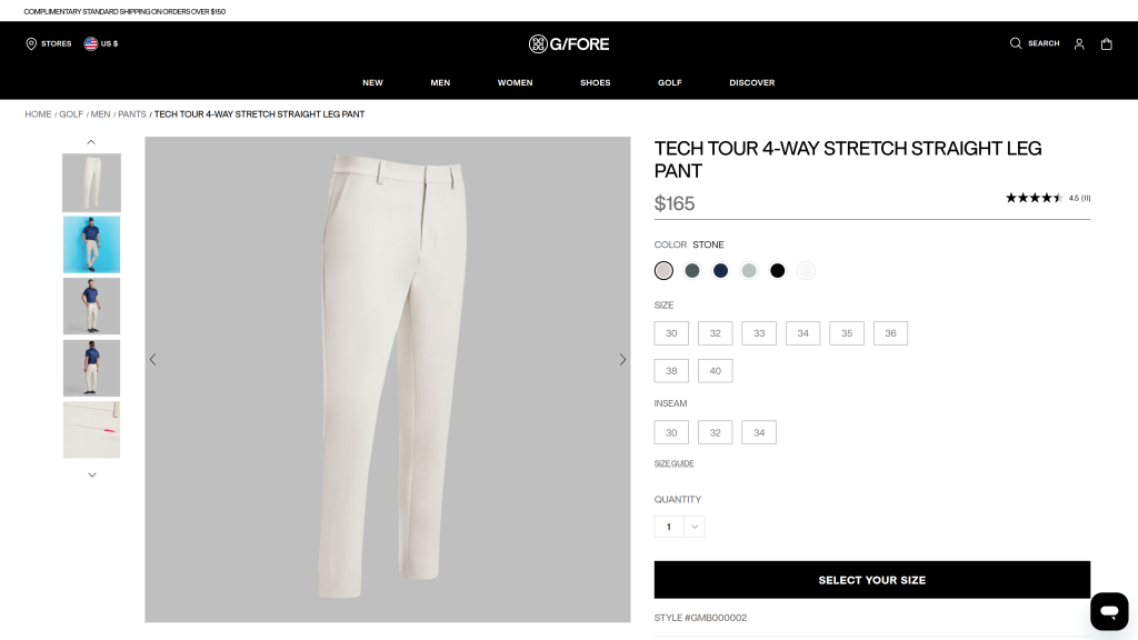 screenshot image of G/Fore Tech Tour 4-Way Stretch Straight Leg top rated golf pants homepage