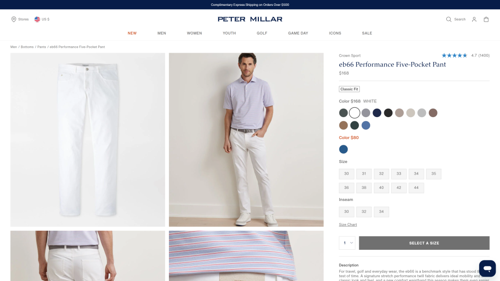 screenshot image of Peter Miller EB66 Performance Five-Pocket top rated golf pants homepage