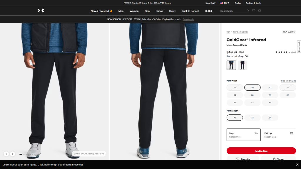screenshot image of Under Armour ColdGear Infrared Tapered homepage