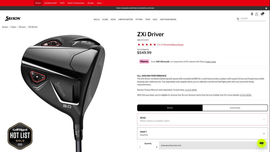 screenshot image of Srixon ZXi homepage