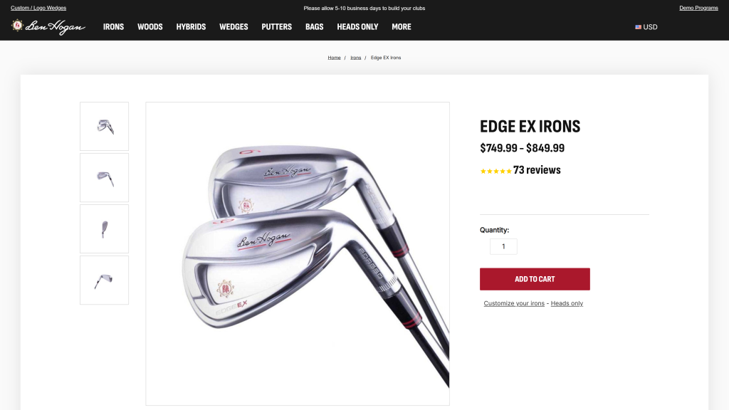screenshot image of Ben Hogan Edge EX Iron homepage