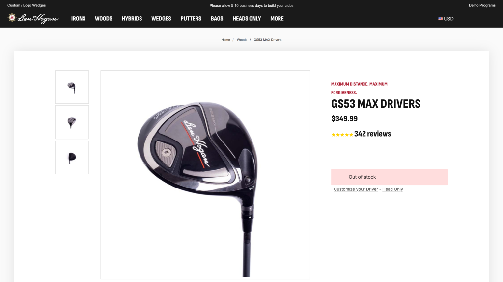 screenshot image of Ben Hogan GS53 MAX Driver homepage