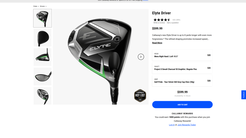 screenshot image of Callaway Elyte great golf drivers homepage