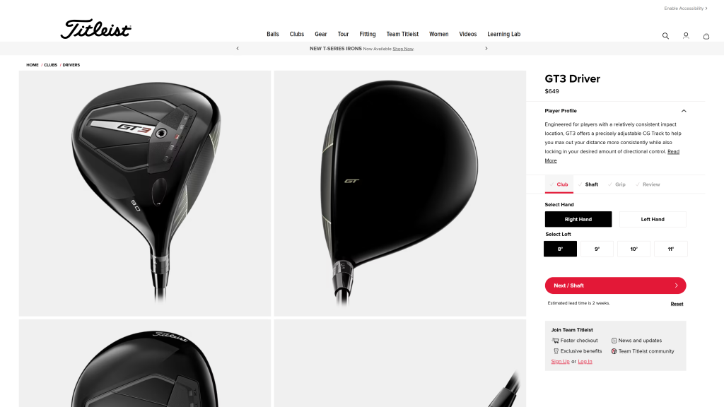 screenshot image of Titleist GT3 great golf drivers homepage