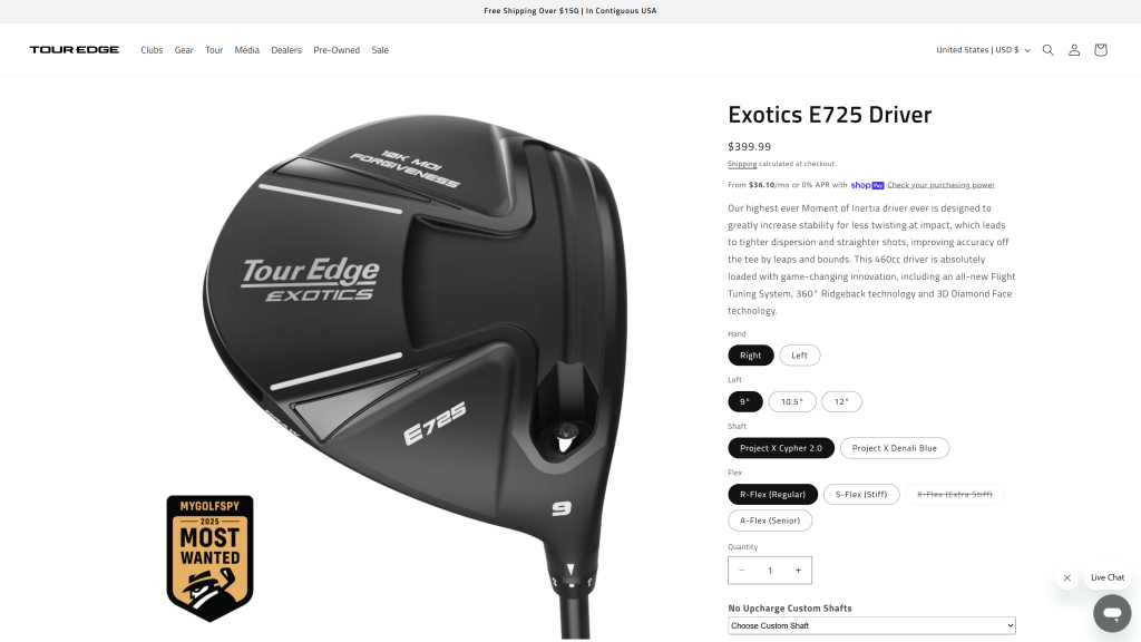 screenshot image of Tour Edge Exotics E725 homepage