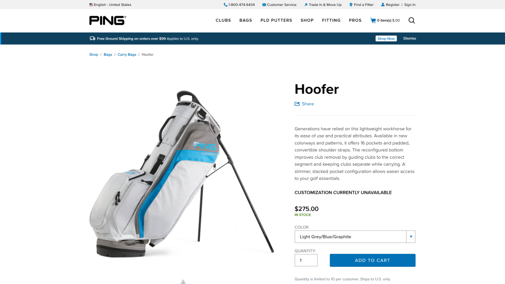 screenshot image Ping Hoofer Stand golf carrying bags homepage