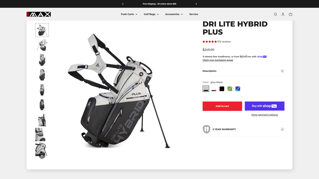 screenshot image of Big Max Dri Lite Hybrid Plus 2024 golf carrying bags homepage