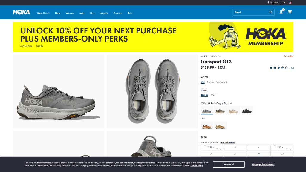 screenshot image of Hoka Transport GTX homepage