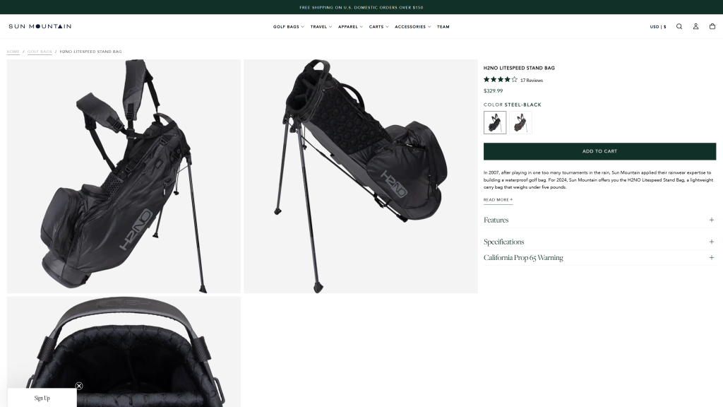 screenshot image of Sun Mountain H2NO Litespeed Stand Bag homepage