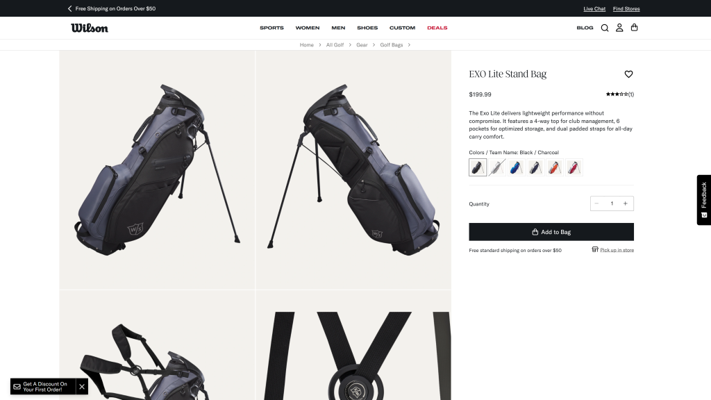 screenshot image of Wilson Exo Lite Stand golf carrying bags homepage