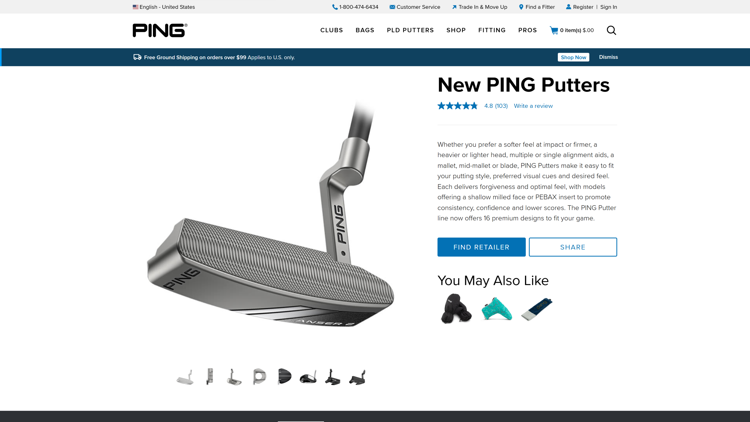 Ping Fetch high-MOI beginner putter with ball retrieval feature